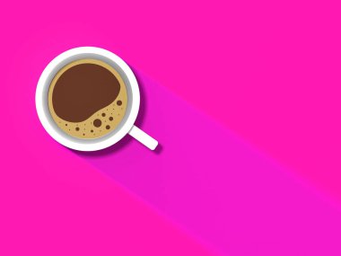 Pembe arka planda beyaz bir fincan kahve. Fincandan uzun bir gölge. Canlandırıcı bir içki. yatay görüntü. 3 boyutlu görüntü. 3B görüntüleme.