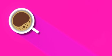 a white cup of coffee on pink background. long shadow from cup. invigorating drink. banner for insertion into site. Place for text cope space. 3D image. 3D rendering.