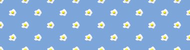 Desen. Pastel mavi arka planda tavuk yumurtası resmi. Yuvarlak yumurta sarısı. Yüzey örtüsü deseni. Bölgeye yerleştirme pankartı. 3 boyutlu görüntü. 3B görüntüleme.