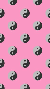 Desen. Pastel mor arka planda Ying Yang sembolü. Zıtlığın sembolü. Yüzey örtüsü deseni. Dikey görüntü. 3 boyutlu görüntü. 3B görüntüleme.