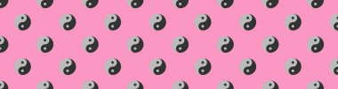 Desen. Pastel mor arka planda Ying Yang sembolü. Zıtlığın sembolü. Yüzey örtüsü deseni. Bölgeye yerleştirme pankartı. 3 boyutlu görüntü. 3B görüntüleme.