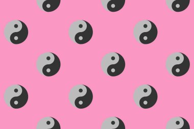 Desen. Pastel mor arka planda Ying Yang sembolü. Zıtlığın sembolü. Yüzey örtüsü deseni. 3 boyutlu görüntü. 3B görüntüleme.