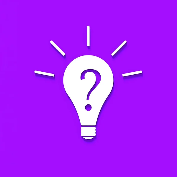 White light bulb with shadow on violet background. Illustration of symbol of lack of idea. Question mark. Square image. 3D image. 3D rendering.