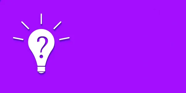 White light bulb with shadow on violet background. Illustration of symbol of lack of idea. Question mark. Banner for insertion into site. Place for text cope space. 3D image. 3D rendering.