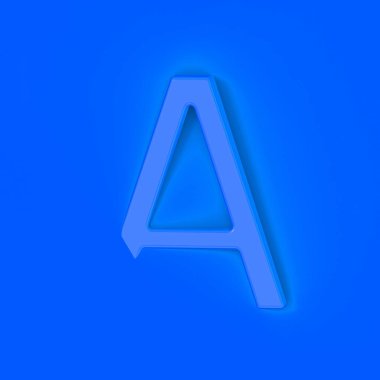 Mavi arka planda A harfi mavi. Mektubun bir kısmı arka planda kaldı. Kare görüntü. 3 boyutlu görüntü. 3B görüntüleme.