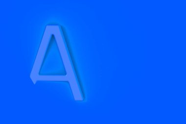 Mavi arka planda A harfi mavi. Mektubun bir kısmı arka planda kaldı. Yatay görüntü. 3 boyutlu görüntü. 3B görüntüleme.