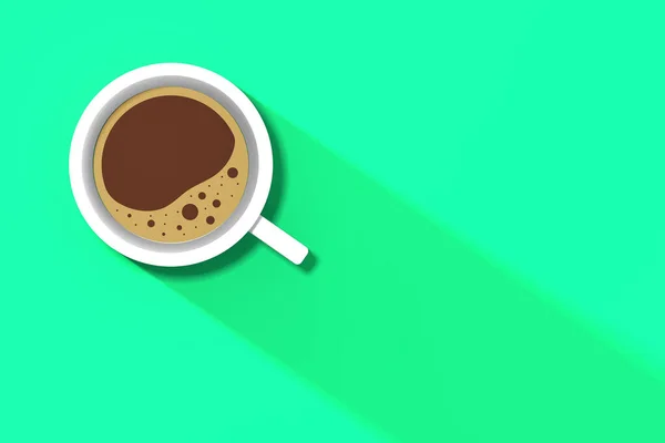 緑の背景に白いコーヒーカップ カップからの長い影 爽快な飲み物 水平方向の画像 3D画像 3Dレンダリング — ストック写真