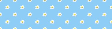 Desen. Pastel mavi arka planda tavuk yumurtası resmi. Yuvarlak yumurta sarısı. Yüzey örtüsü deseni. Bölgeye yerleştirme pankartı. Yatay görüntü. 3 boyutlu görüntü. 3B görüntüleme.