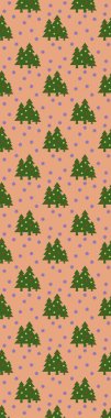 Desen. Kırmızı turuncu arka planda topları ve kar taneleri olan yeşil Noel ağaçlarının görüntüsü. Yeni yılın ve Noel 'in sembolü. Bölgeye yerleştirmek için dikey pankart. 3 boyutlu görüntü. 3d oluşturma