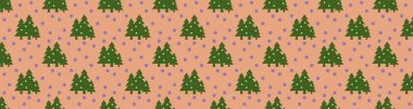 Desen. Kırmızı turuncu arka planda topları ve kar taneleri olan yeşil Noel ağaçlarının görüntüsü. Yeni yılın ve Noel 'in sembolü. Bölgeye yerleştirme pankartı. 3 boyutlu görüntü. 3d oluşturma