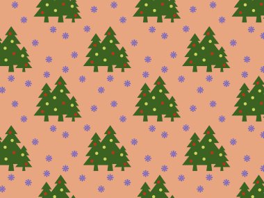 Desen. Kırmızı turuncu arka planda topları ve kar taneleri olan yeşil Noel ağaçlarının görüntüsü. Yeni yılın ve Noel 'in sembolü. Yüzeye uygulama şablonu. 3 boyutlu görüntü. 3d oluşturma