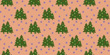 Desen. Kırmızı turuncu arka planda topları ve kar taneleri olan yeşil Noel ağaçlarının görüntüsü. Yeni yılın ve Noel 'in sembolü. Bölgeye yerleştirme pankartı. 3 boyutlu görüntü. 3d oluşturma