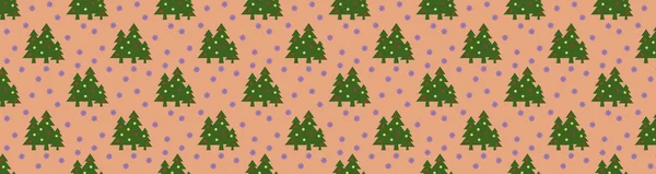 Patroon Afbeelding Van Groene Kerstbomen Met Ballen Sneeuwvlokken Pastelrode Oranje — Stockfoto