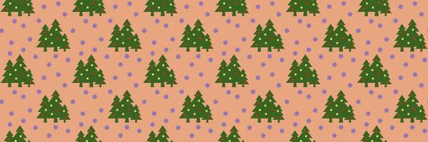 шаблон. Изображение зеленых елок с шарами и снежинками на пастельно-красном оранжевом фоне. Символ Нового года и Рождества. Знамя для вставки на сайт. 3D изображение. 3d-рендеринг
