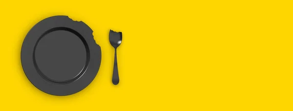 Δαγκωμένο Μαύρο Πιάτο Κίτρινο Φόντο Δίπλα Στο Πιάτο Είναι Ένα — Φωτογραφία Αρχείου