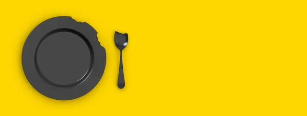 Bitten Black Plate Yellow Background Next Plate Black Bitten Spoon — Stock Photo, Image