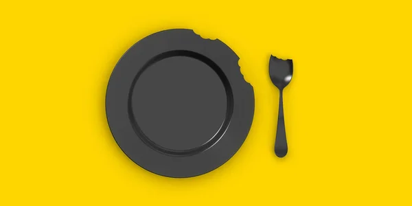 黄色の背景に黒のプレートを噛んだ プレートの横に黒の噛んだスプーンです 歯の跡だ 食料危機だ ファミン 表の項目 サイトへの挿入のためのバナー 3D画像 3D可視化 — ストック写真