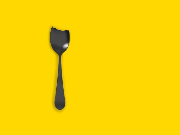 Cucchiaio Nero Morso Uno Sfondo Giallo Segni Denti Crisi Alimentare — Foto Stock