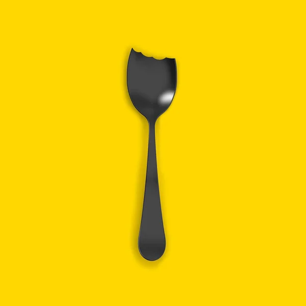 Bitten Black Spoon Yellow Background Teeth Marks Food Crisis Famine — Stock Photo, Image