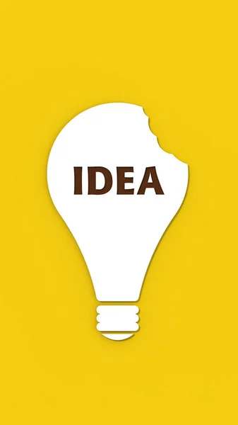 a white bitten light bulb with the inscription idea on a yellow background. teeth marks stealing an idea. plagiarism. copying other people\'s works. Vertical image. 3D image. 3D rendering.