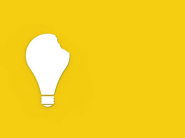 a white bitten light bulb on a yellow background. teeth marks stealing an idea. plagiarism. copying other people\'s works. horizontal image. 3D image. 3D rendering.