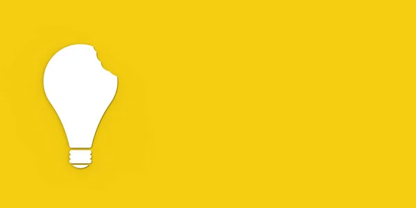 a white bitten light bulb on a yellow background. teeth marks stealing an idea. plagiarism. copying other people\'s works. Banner for insertion into site. 3D image. 3D rendering.