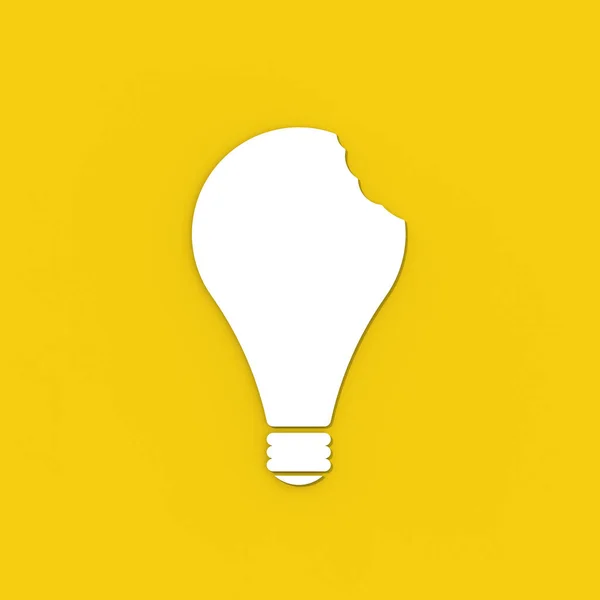 a white bitten light bulb on a yellow background. teeth marks stealing an idea. plagiarism. copying other people\'s works. Square image. 3D image. 3D rendering.