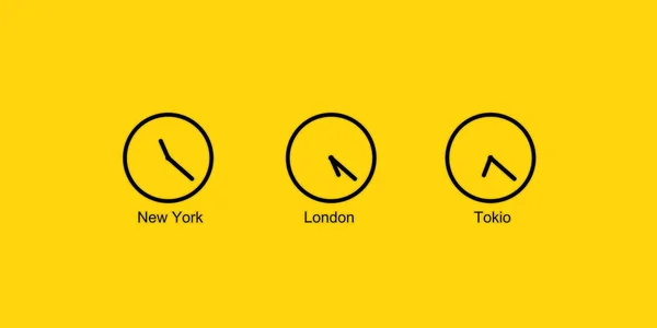 黄色背景上有不同时间标记的钟 伦敦和东京的时区 横幅插入到现场 文字处理空间的位置 3D图像 3D可视化 — 图库照片