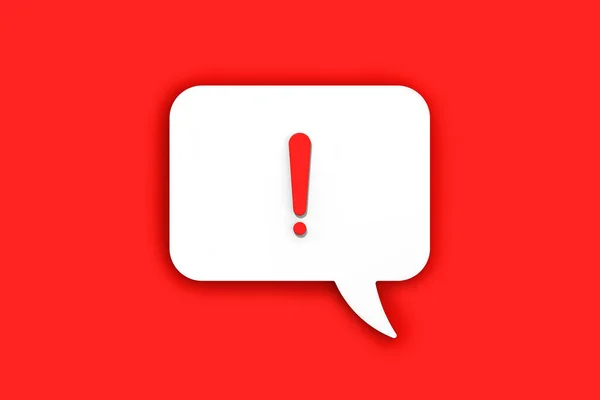 Beyaz bir mesaj panosunda kırmızı ünlem işareti var. Telefondaki alarm sinyali. Tehlike alarmı. Kırmızı arkaplanda mesaj var. Yatay görüntü. 3 boyutlu görüntü. 3B görüntüleme.
