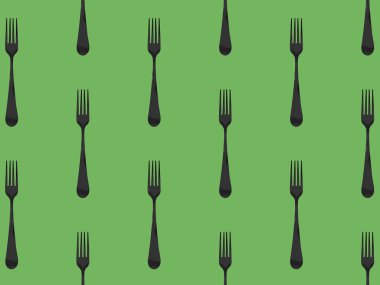 Desen. Sarı arka planda çatal üst görünümü. Yüzeye başvurmak için şablon. Yatay görüntü. Düz yatıyordu. 3 boyutlu görüntü. 3B görüntüleme.