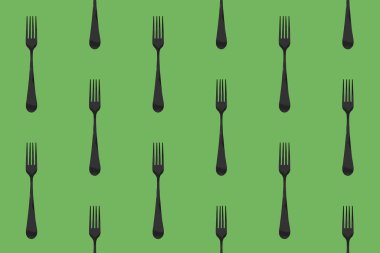 Desen. Sarı arka planda çatal üst görünümü. Yüzeye başvurmak için şablon. Yatay görüntü. Düz yatıyordu. 3 boyutlu görüntü. 3B görüntüleme.