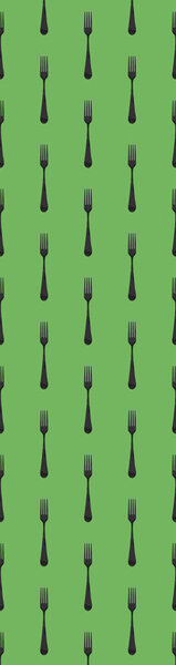 pattern. Fork top view on yellow green background. Template for applying to surface. Vertical banner for insertion into site. Place for text cope space. Flat lay. 3D image. 3D rendering.