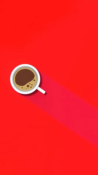 a white cup of coffee on red background. long shadow from cup. invigorating drink. Vertical image. 3D image. 3D rendering.