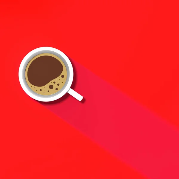 a white cup of coffee on red background. long shadow from cup. invigorating drink. Square image. 3D image. 3D rendering.