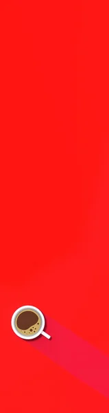 a white cup of coffee on red background. long shadow from cup. invigorating drink. Vertical banner for insertion into site. Place for text cope space. 3D image. 3D rendering.