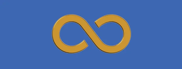The sign of infinity is golden, isolated on a Azure Blue background. Symbol of infinity. Horizontal image. Banner for insertion into site. Place for text cope space. 3D image. 3D rendering.
