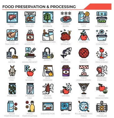 Gıda koruma ve işleme ikonu gıda endüstrisi teknolojisi, çalışma, eğitim web sitesi, sunum, kitap.