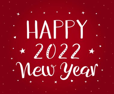 Mutlu yıllar 2022 el yazısıyla modern fırça kaligrafisi. Kırmızı zemin üzerinde yıldızlar ve kalplerle süslenmiş beyaz kaligrafik vektör metni. Tebrik kartı, kartpostal, davetiye, ağ, afiş, afiş, poster için.
