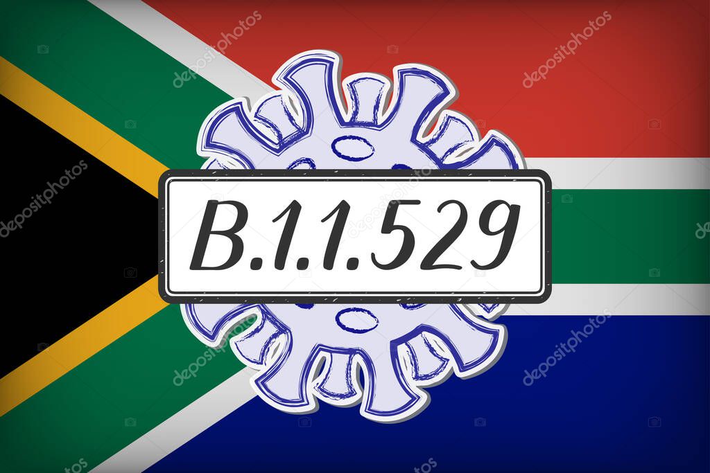 New Covid-19 variant of concern B.1.1.529 (Omicron). Handwritten on a scratched sign. Coronavirus on the background of Flag of South Africa.