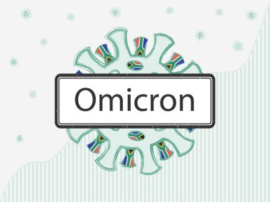 Çizik bir tabelanın üzerinde Omicron (B.1.529) için yeni bir covid-19 varyantı var. Güney Afrika bayrağı askılı Coronavirus. Covid istatistiklerinin arkaplanına karşı. Yunanca alfa, beta, gama ve delta harfli AVM virüsleri etrafta uçar.
