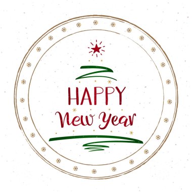 Kauçuk damgalı el yazısıyla yazılmış yeni yıl tebrik kartın kutlu olsun. Yeşil Noel ağacı kalem darbesi ve kırmızı yıldız. Renkli leke dokusu. Çemberde kar taneleri.