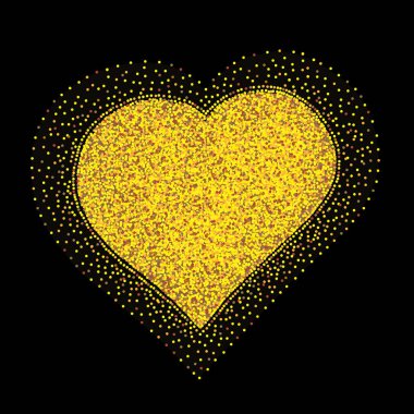 Siyah arka planda büyük, parlak altın bir kalp. Tasarım elemanı, arkaplan, çerçeve, sınır, tebrik kartı. Sevgililer günü, aşk ilanı, düğün..