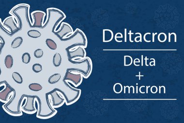 Yeni Deltacron varyantı Delta ve Omicron varyantlarının bir kombinasyonu. Koyu mavi arkaplanda beyaz metin, üzerinde koronavirüs resmi var. Çivi proteinlerinin farklı renkleri rekombinasyonu sembolize eder..