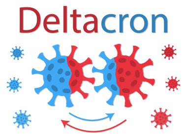 Deltacron, Delta ve Omicron 'un bir kombinasyonudur. Virüslerin yeniden birleşimi. Şematik çizim. İki virüs DNA 'larını değiştiriyor. Değiş tokuş, koronavirüs çivisi proteinlerinin rengiyle gösterilir..