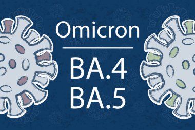 Omicron BA.4 ve BA.5 'in yeni varyasyonları Koyu mavi arka planda beyaz metin. Çivi proteinlerinin farklı renkleri farklı mutasyonları sembolize eder..