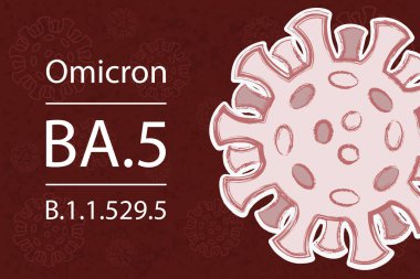 Omicron BA.5 'in yeni versiyonu. Nam-ı diğer B.1.529.5. Koyu kırmızı arka planda beyaz metin. Proteinlerin farklı renkleri vriusun mutasyonlarını sembolize eder..