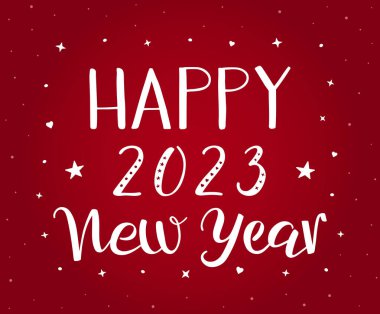 Mutlu yıllar 2023 el yazısıyla modern fırça kaligrafisi. Tebrik kartı, kartpostal, davetiye, web, pankart, baskı, poster için kalpler ve yıldızlarla süslenmiş kırmızı ve beyaz kaligrafik vektör metni.