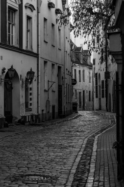 Eski bir kasaba mimarisinin siyah beyaz çekimi 