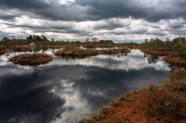 Nehir ve bulutlu gökyüzü ile güzel bir manzara. 