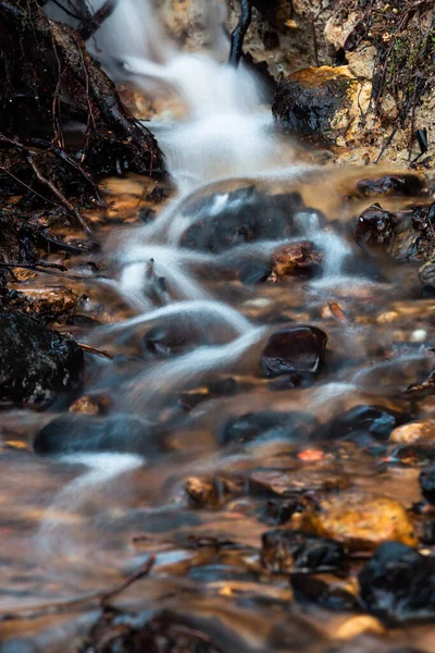 Acqua Che Scorre Attraverso Ruscello Nella Foresta — Foto Stock